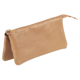 CUIR trousse plate 3 compartiments 21x3x10cm, naturel