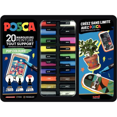 POSCA Mallette POP COLOURS de 20 marqueurs peinture. 3 pointes PC1MC, PC3MC et P
