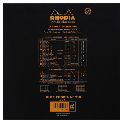 Bloc agrafé Rhodia BLACK Le Carré N°210 21x21cm 80f Q.5x5 80g