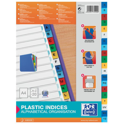 INTERCALAIRES ALPHABETIQUES A4 20 POSITIONS PP 12/100 ASSORTI