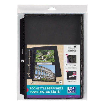 10 POCHETTE PERF OXFORD SACH A4 4PHOTO13X18 PP90 LISSE NOIR