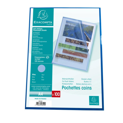 Sach.100 poch.coin A4 PP St.grainé bleu