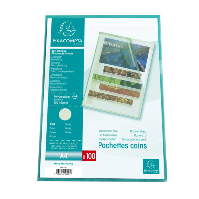 Sach.100 poch.coin A4 PP St.grainé vert