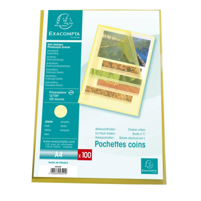 Sach.100 poch.coin A4 PP St.grainé jaune