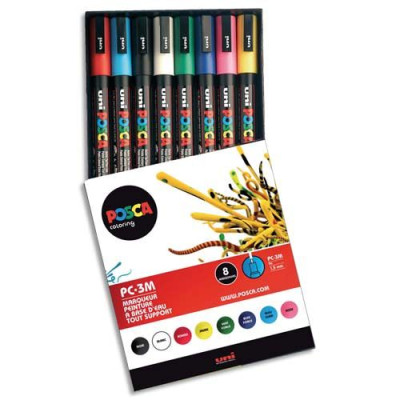 Uniball Posca Pochette 8 marqueurs peinture à eau, encre pigmentation assortie,