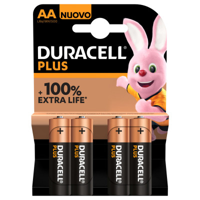 DURACELL Piles alcalines AA Plus 100%, 1,5V LR6 MN1500, lot de 4 piles