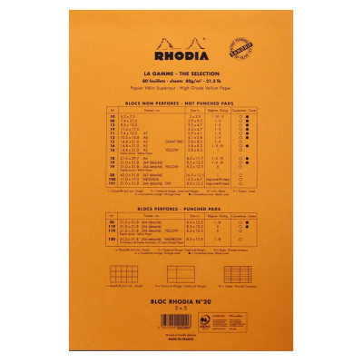 Bloc agrafé rhodia orange n°20 21x31,8cm q.5x5 80f perf. 4t. 80g