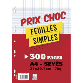 Lot de 300 pages copies simples grand format A4 grands carreaux Seyès 70g perfor