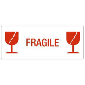 Rouleau 500 étiquettes fragile blanc sur rouge 150 x 60mm