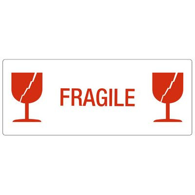 Rouleau 500 étiquettes fragile blanc sur rouge 150 x 60mm
