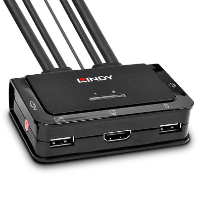 LINDY Switch KVM 2 ports HDMI 4K30, USB 2.0 & audio, câbles intégrés