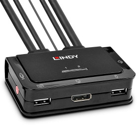 LINDY Switch KVM 2 Ports DisplayPort 1.2, USB 2.0 & Audio, Câbles Intégrés