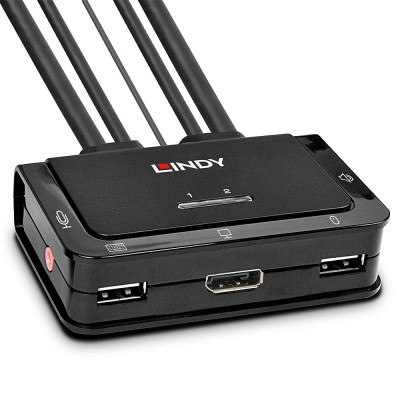 LINDY Switch KVM 2 Ports DisplayPort 1.2, USB 2.0 & Audio, Câbles Intégrés