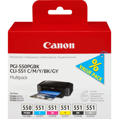 Canon ink 6496b005 pgi-550 cli551 multipack black + color pgbk c m y bk gy