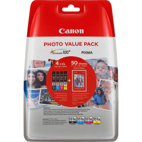 Canon ink 6443b006 cli-551xl photo value pack black + color bk c m y + paper