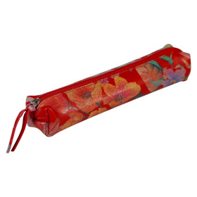 * Céleste CUIR Trousse SLIM 19,5x2,5x4 cm Jardin rouge