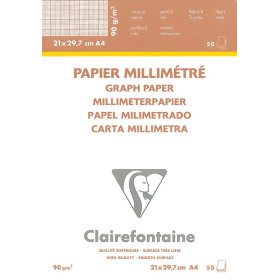 Bloc papier vélin millimétré collé A4 50 feuilles 90g