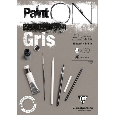 Bloc Paint'ON Gris  collé A5 30 feuilles 250g