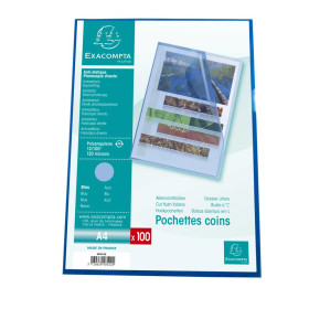 Sach.100 poch.coin A4 PP St.grainé bleu