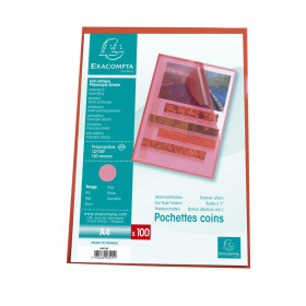 Sach.100 poch.coin A4 PP St.grainé rouge