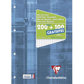 Bloc de cours encollé A4 200+100 pages détachables, seyes,perforé 4 trous