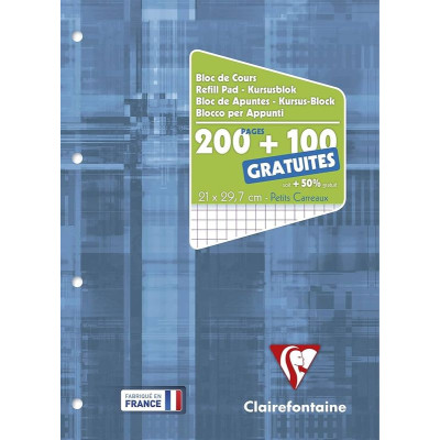 Bloc de cours encollé A4 200+100 pages détachables, seyes,perforé 4 trous