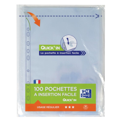 100 POCHETTE PERFOREE OXFORD QUICK IN SACH A4 PP50 LISSE INCOLORE