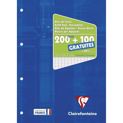 Bloc de cours encollé A4 200+100 pages détachables, quadrillé 5x5 ,perforé 4 tro