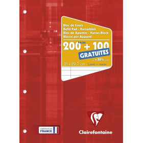 Bloc de cours encollé A4 200+100 pages détachables, ligné + marge,perforé 4 trou