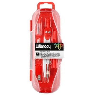 Coffret scolaire compas mine 5 pieces metal rouge