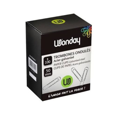 Boite de 100 trombones 50 mm galvanises bout rond forme ondulee