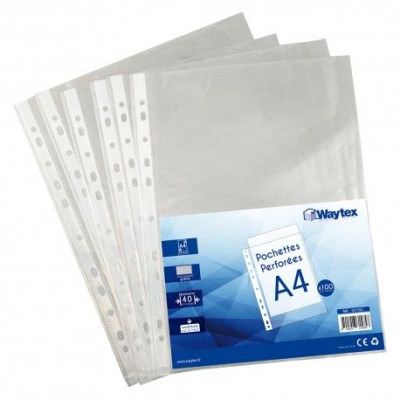 100 Pochettes perforées A4 transparentes grainées 40 mic. (40/100e)