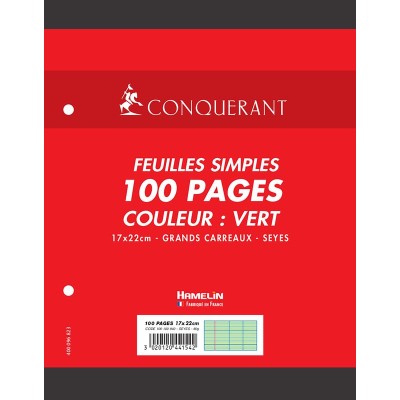 FEUILLES SIMPLES CONQUERANT 7 PERFOREES 170x220 FILM 100P 80G SEYES VERT