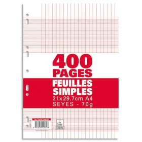 Sachet de 400 pages copies simples grand format A4 grands carreaux Seyès 70g