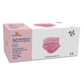 Boîte de 50 masques chirurgicaux Auriol roses 3 plis type IIR. Fabriqué en Franc