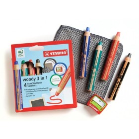 STABILO Paquet de 4 crayons multi-talents woody 3 en 1, kit ardoise