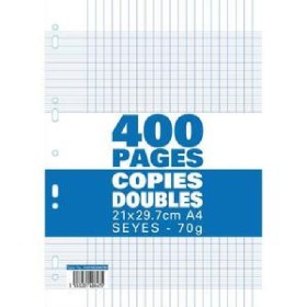 Sachet de 400 pages copies doubles grand format A4 grands carreaux Seyès 70g